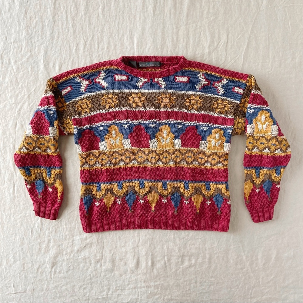 Vintage retro pattern oversized knit crew sweater linen cotton blend - Picture 5 of 7